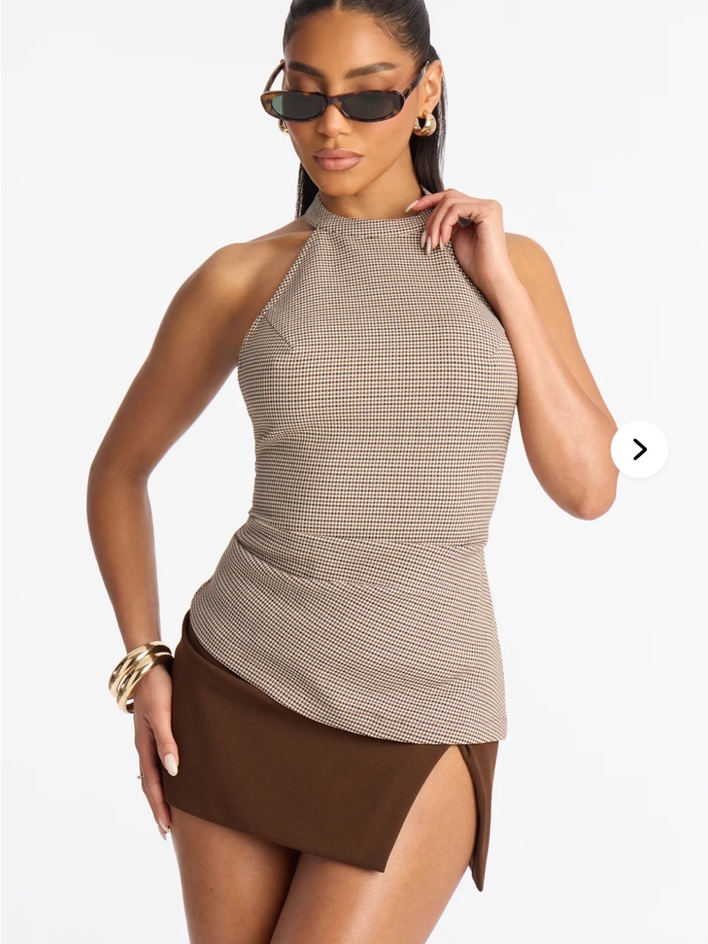 Fashion Nova Houndstooth Halter Top in Brown and Beige